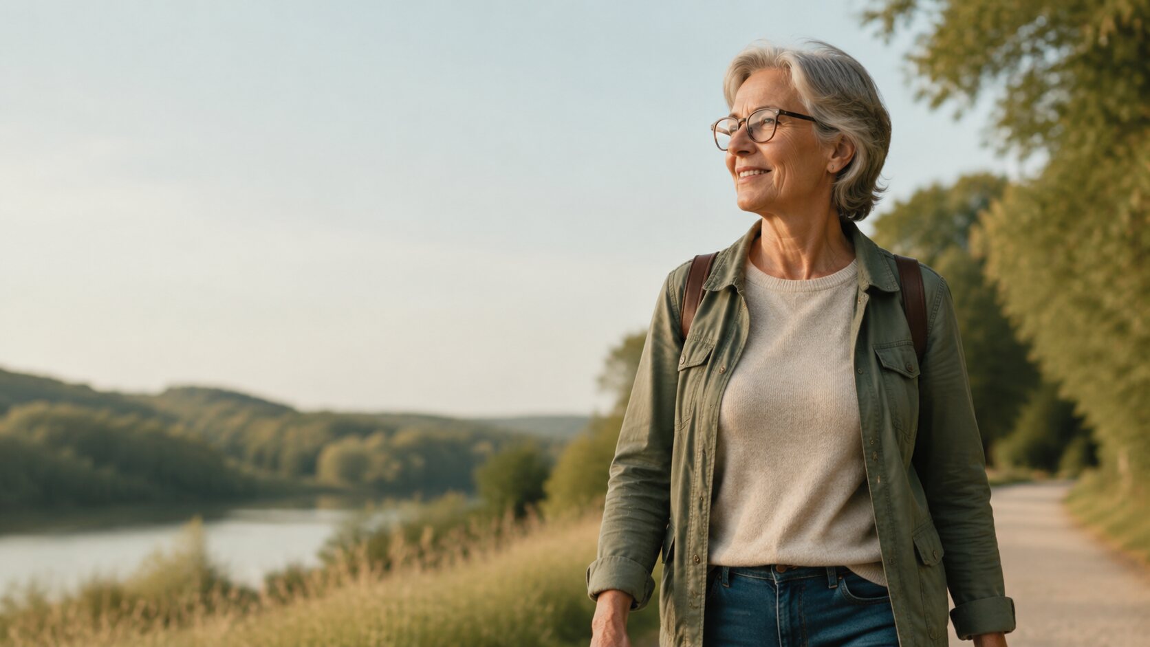 KI-generiertes Symbolbild: Kundin mit Brille bei einem Spaziergang in der Natur